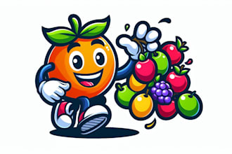 make fruits picking up cartoon, character mascot logo design in 12 hours