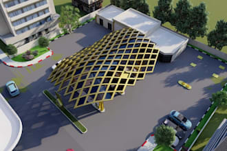 render 3d petrol station exterior, filling station,fuel pump, plaza design, logo