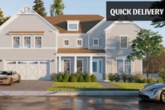 visualize farmhouse, render realistic cabin house, small apartment, front facade