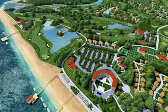 design 3d golf club or eco resort masterplan with site map and aerial rendering
