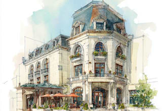sketch architecture building with watercolor rendering