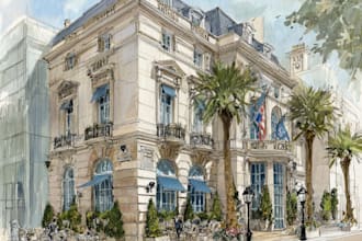 sketch architecture building with watercolor rendering