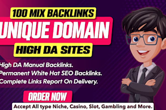 make 100 unique domain mix SEO backlinks on high da sites