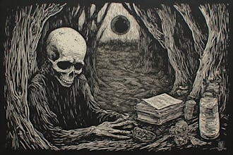 make dark art, concepts, linocut or woodcut illustrations