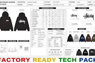create streetwear tech pack hoodie tech pack and clothing brand design