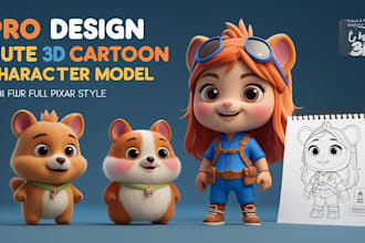 design 3d cute cartoon character model animal mascot chibi fur in pixar style