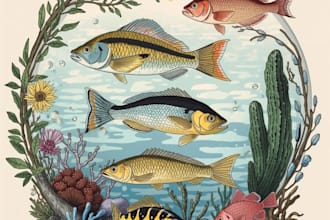 illustration of colored fish and marine species