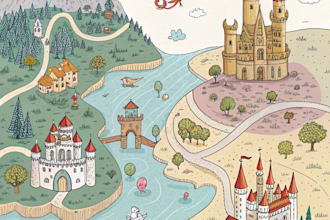 make hand drawn map illustration of cities, fantasy,