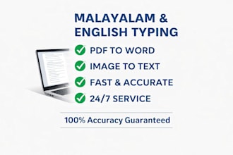 do malayalam and english typing, data entry, PDF to word conversion fast