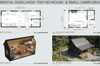 design 2d and 3d tiny, cabin, small house, cottage, cabana home