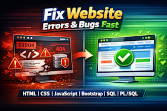 fix website errors, HTML, CSS, javascript, bootstrap, sql and plsql bugs