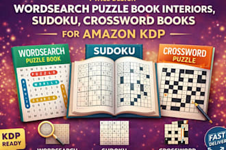 design wordsearch puzzle book interiors, sudoku, crossword books for amazon KDP