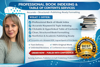 create professional table of contents, back of book index of your book urgently