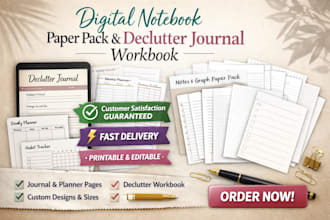 design aesthetic digital notebook paper pack journal, declutter journal workbook