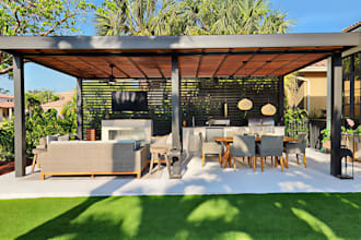 do outdoor kitchen, backyard landscape design ,pergola pool garden 3d rendering