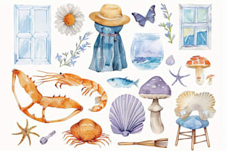 create watercolor illustration, watercolor stickers, watercolor icons, clip art