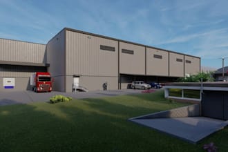 construct acre to 3d industrial space,warehouse exterior retail,layout rendering