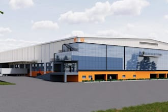 develop 3dsite plan,logistic warehouse,truck dock exterior,landscape walkthrough
