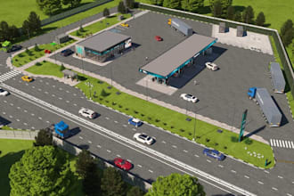 expand 3d exterior design,petrol station,fuel pump,convenience store,logo render
