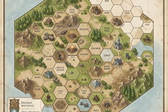 design printable 2d board game map, fantasy battlemap, hex or isometric map art