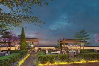 redesign conceptual rooftop restaurant, render cafe outdoor,lounge bar visualize