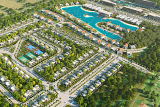 buildup 3d real estate master plan, water property design, parking lot rendering