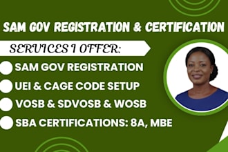 sam gov registration, sba,  501c3 cage code, dba registration,uei, wosb, mbe, 8a