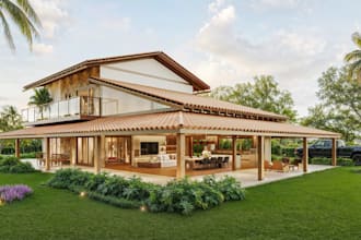 design modern tropical country house,render rural retreat,terracotta roof,patio