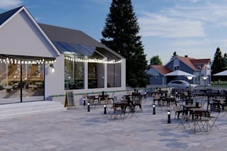 buildup 3d terrace restaurant,2d interior layout,render outdoor cafe, bar design