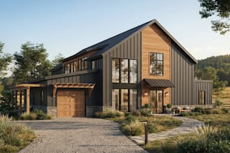create 3d farmhouse, barndominium, tiny house, facade rendering