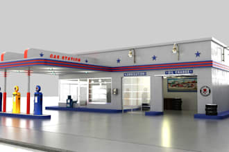 design your 3d gas station, fuel station, petrol station, auto fuel hub design,