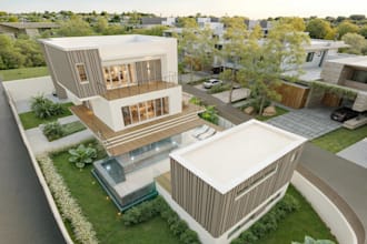 aerial 3d architectural render modern luxury villa, indoor outdoor living design