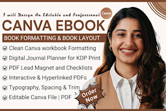 design editable canva ebook, canva workbook lead magnet and kdp journal design