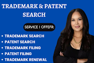 do patent search and draft patent application, trademark check for product