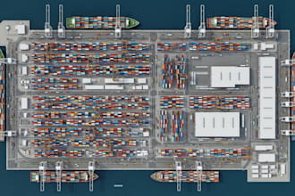 do 3d seaport, ship port, container terminal, docking system and crane operation