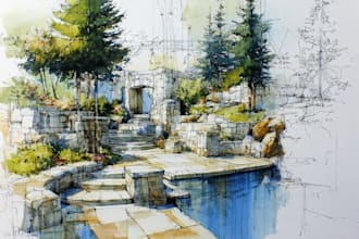 draw architecture and landscape architectural watercolor drawing
