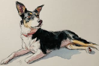 paint a watercolor pet portrait with ink sketch