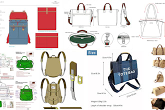 design trendy handbag, purse, tech pack, duffle bag, patternmaker backpack,