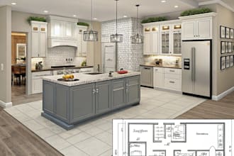 do a functional kitchen design with 3d render and floor plan