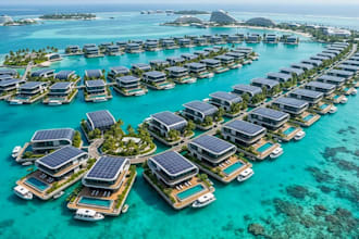render 3d overwater resort,luxury island villa, private pool,solar roof paneling