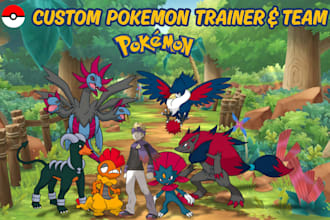 draw custom anime pokemon trainer team battle,  pokemon tcg card illustration