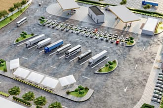 reshape 3d exterior design,parking lot,gas station,site plan,car wash render,skp