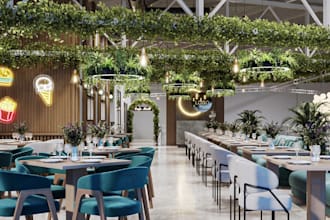 modify restaurant floor plan, 3d interior basement design, modern bar rendering