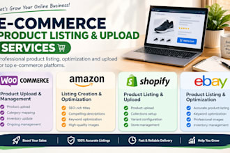 do woocommerce and shopify product upload, amazon listing creation, ebay