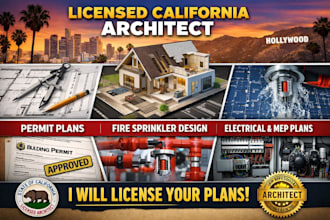 licensed california architect permit floor plan, fire sprinkler, electrical mep