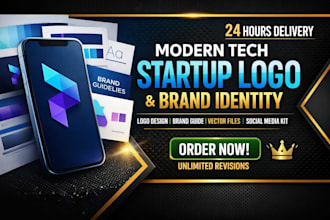 design a modern tech startup logo with complete brand identity style guide
