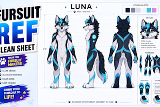 draw furry reference sheet for fursuit makers and fursona design