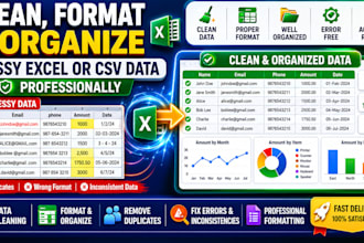 clean, format, organize and fix messy excel or CSV data