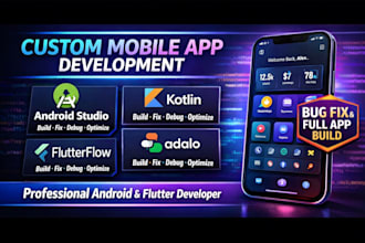 custom mobile app android studio, adalo mobile, flutterflow kotlin fix flutter
