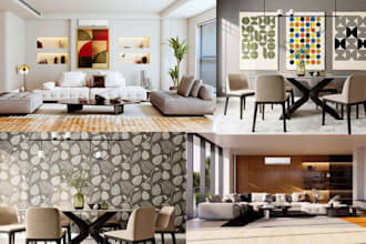 do realistic 3d living room office kitchen design with video walkthrough